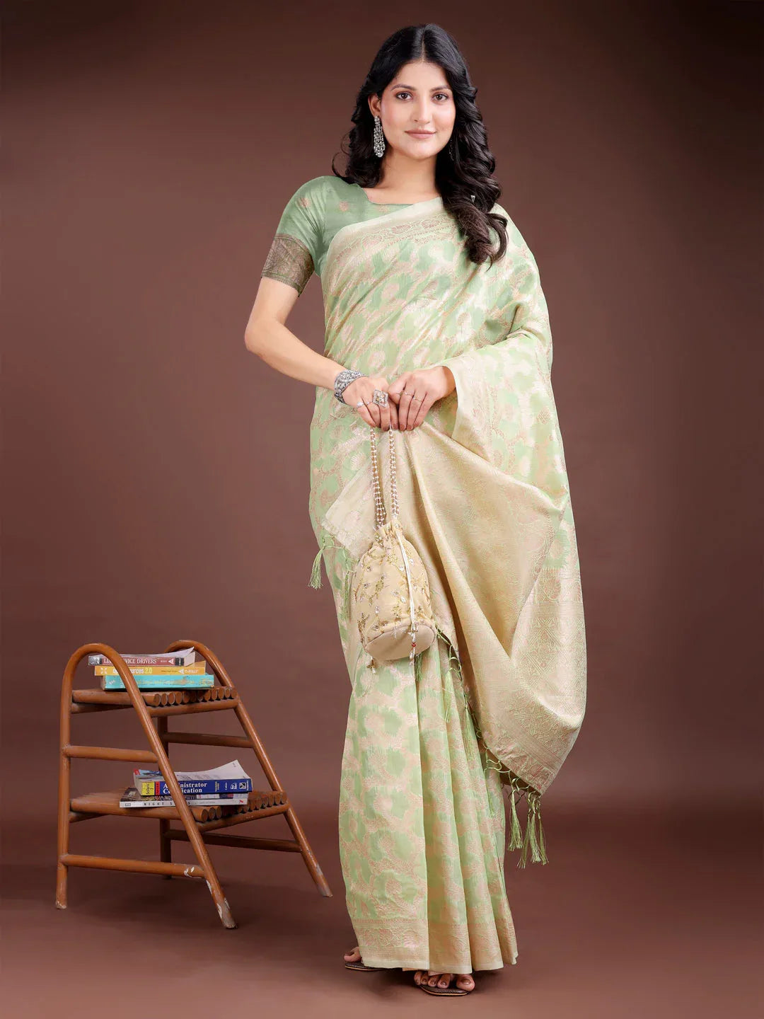 Light Green Linen Cotton Saree With Blouse Piece - EZBER