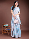 Sky Blue Linen Cotton Saree With Blouse Piece - EZBER