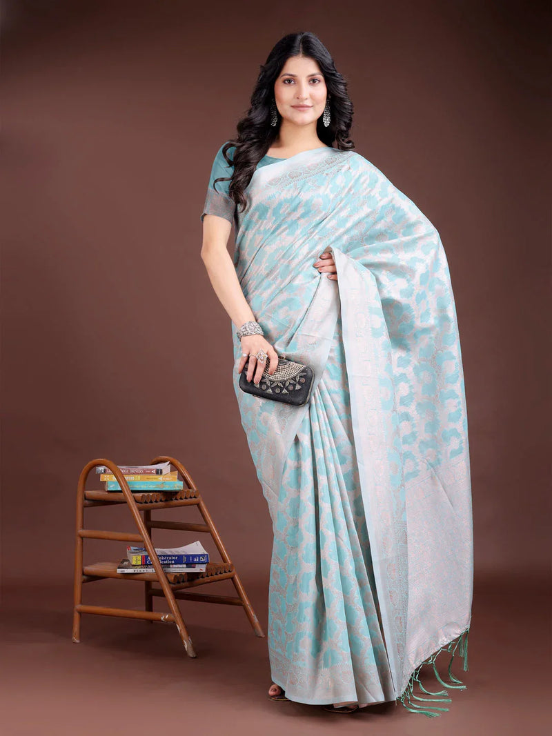 Sea Green Linen Cotton Saree With Blouse Piece - EZBER