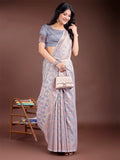 Grey Linen Cotton Saree With Blouse Piece - EZBER