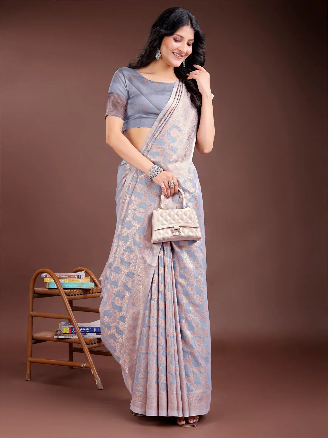 Grey Linen Cotton Saree With Blouse Piece - EZBER