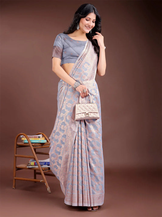 Grey Linen Cotton Saree With Blouse Piece - EZBER