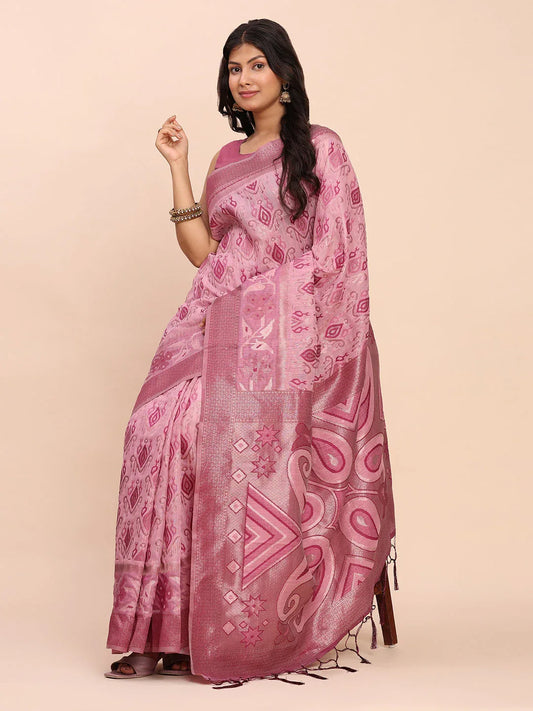 Light Pink Linen Cotton Saree With Blouse Piece - EZBER
