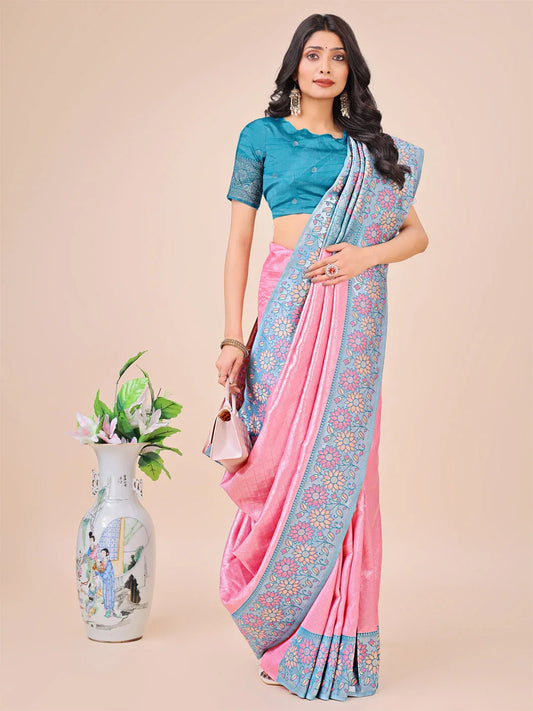 Pink Lichi Silk Saree With Blouse Piece - EZBER