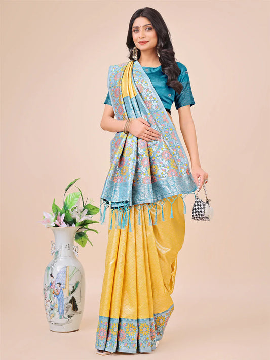 Yellow Lichi Silk Saree With Blouse Piece - EZBER