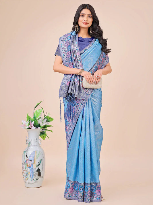 Sky Blue Lichi Silk Saree With Blouse Piece - EZBER