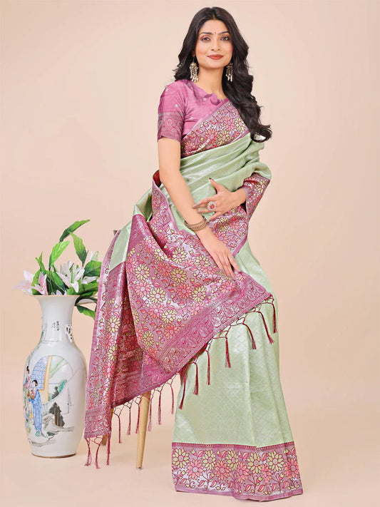 Olive Green Lichi Silk Saree With Blouse Piece - EZBER