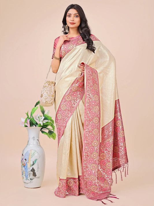 Cream Lichi Silk Saree With Blouse Piece - EZBER