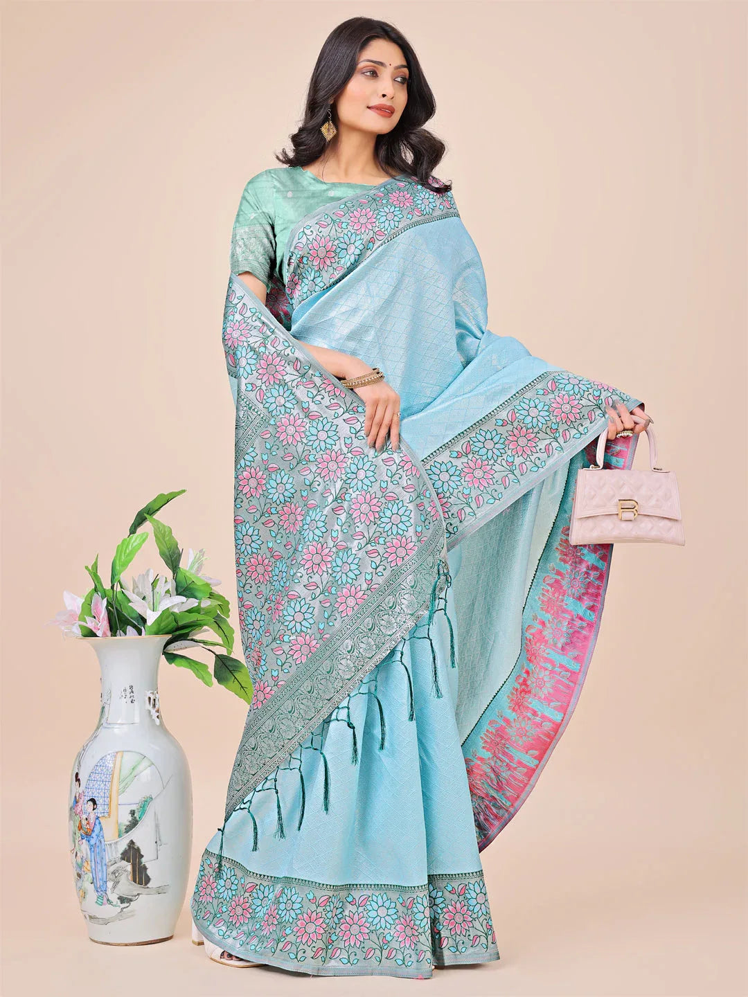 Teal Lichi Silk Saree With Blouse Piece - EZBER