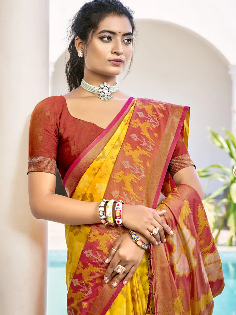 Yellow POORVIKA SILK VOL 1 Pochampalli Silk Saree with Blouse Piece - EZBER