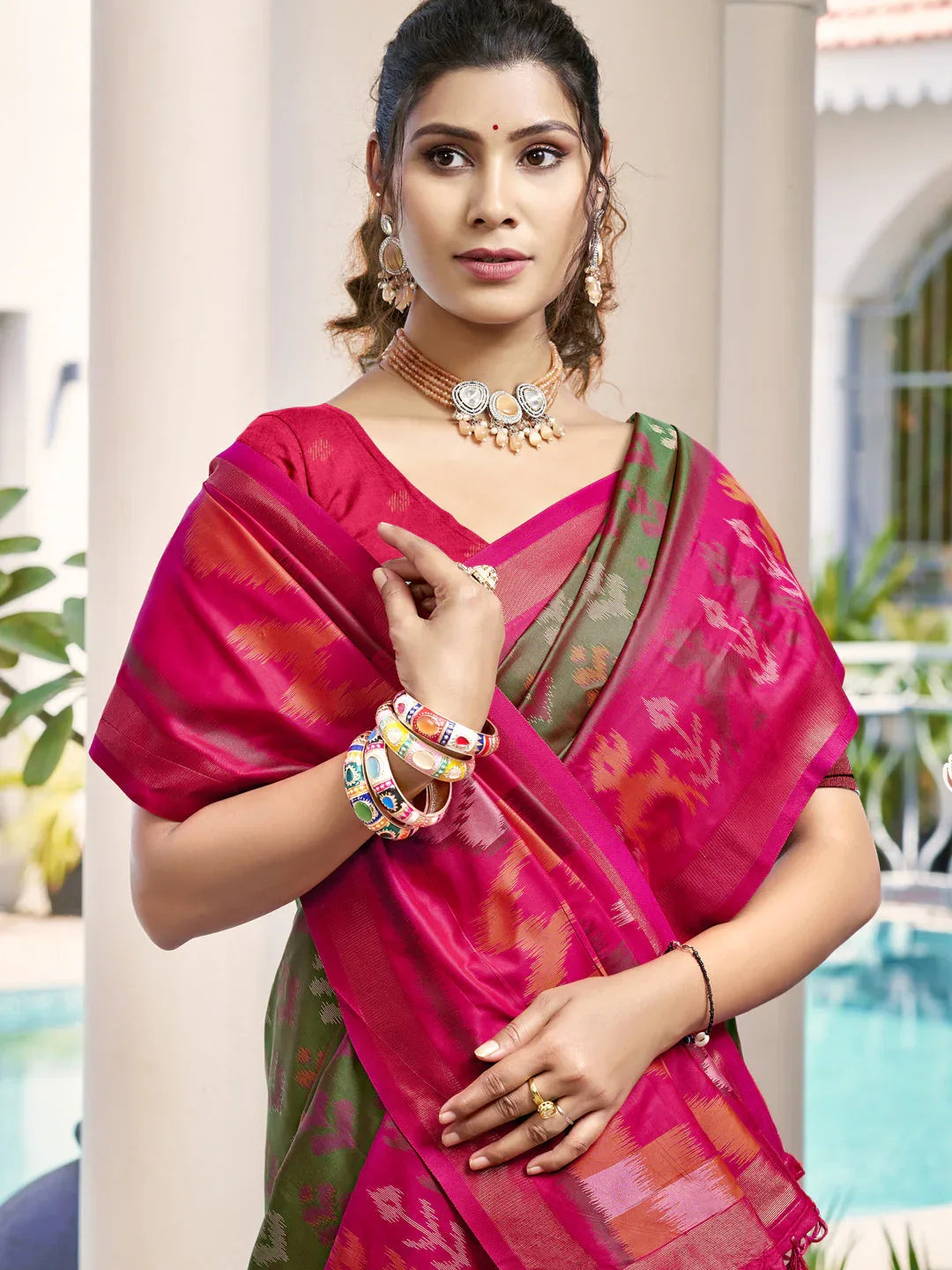 Olive Green POORVIKA SILK VOL 1 Pochampalli Silk Saree with Blouse Piece - EZBER