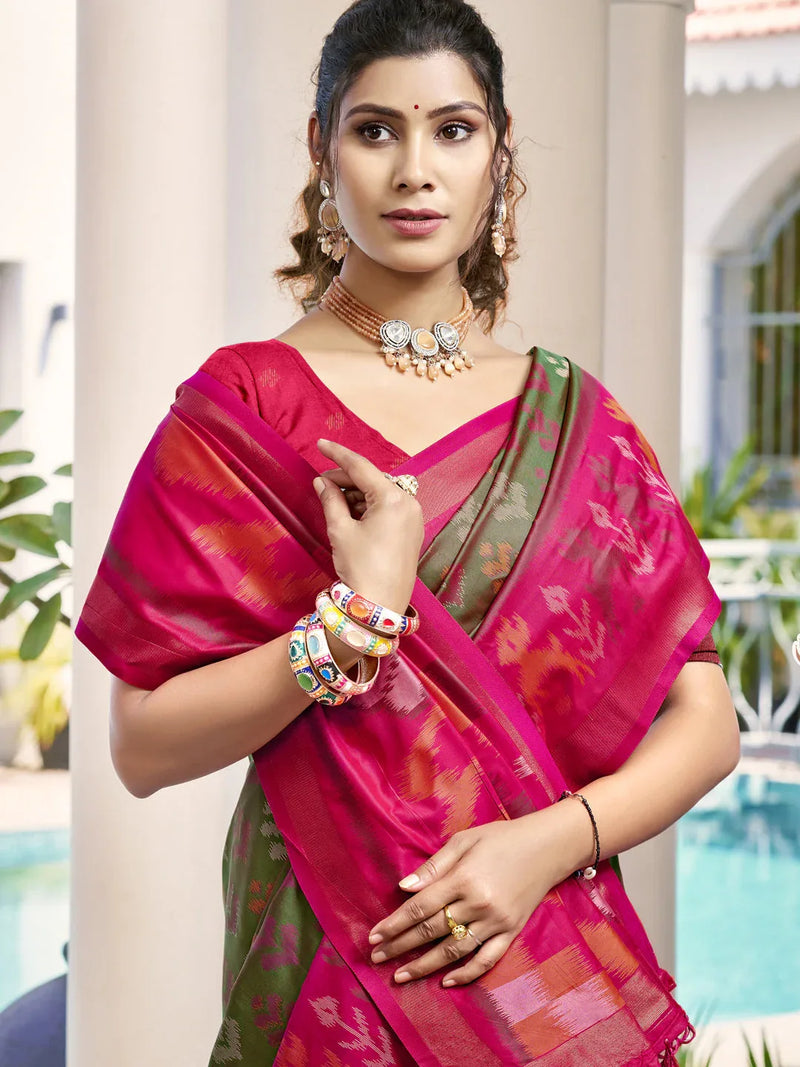 Olive Green POORVIKA SILK VOL 1 Pochampalli Silk Saree with Blouse Piece - EZBER