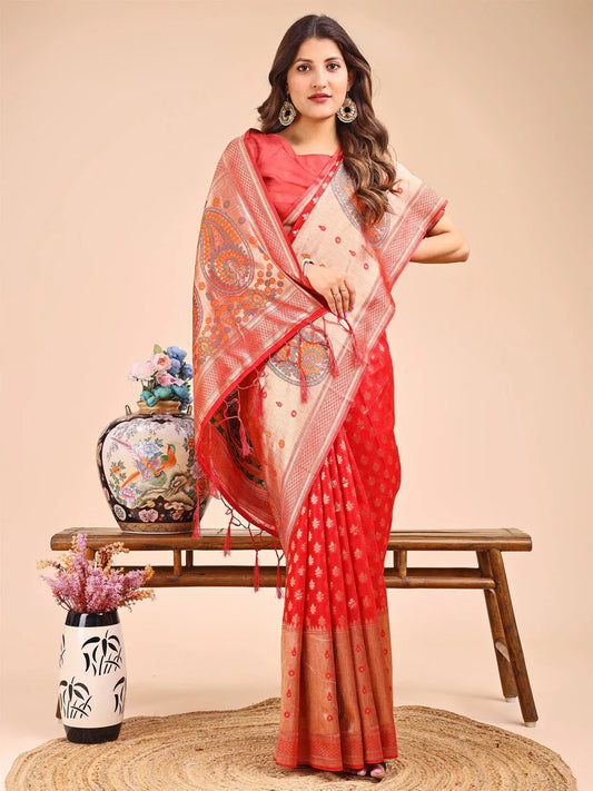 Red Linen Cotton Saree With Blouse Piece - EZBER