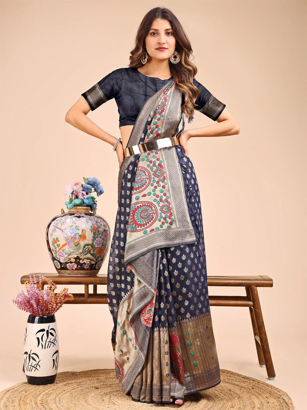 Navy Blue Linen Cotton Saree With Blouse Piece - EZBER