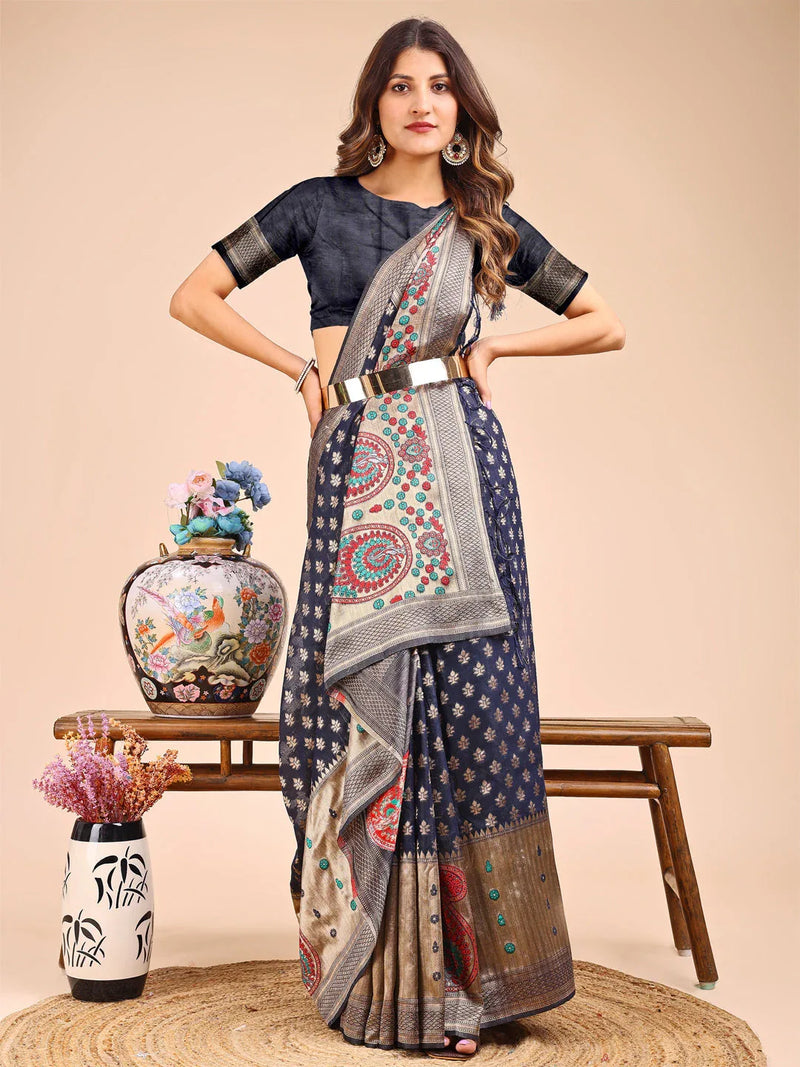 Navy Blue Linen Cotton Saree With Blouse Piece - EZBER