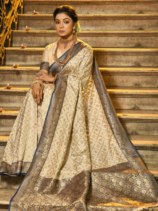 Navy Blue Banarasi Silk Saree With Blouse Piece - EZBER