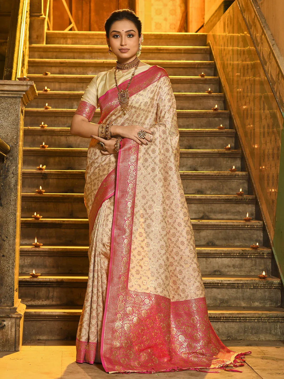 Pink Banarasi Silk Saree With Blouse Piece - EZBER