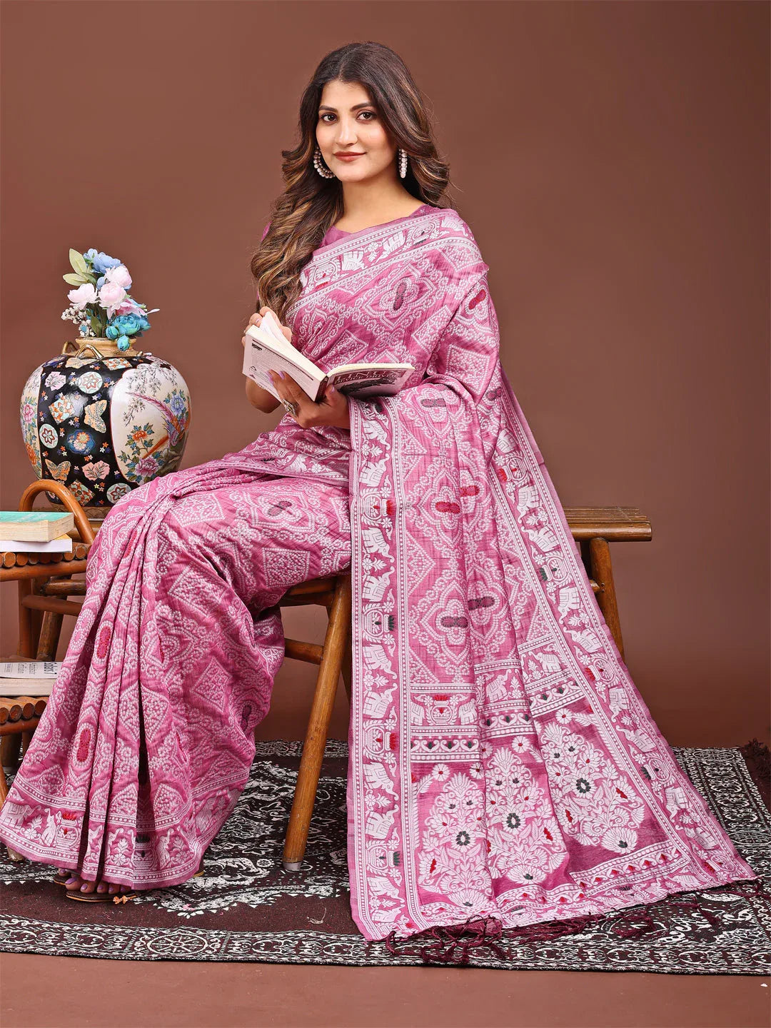 Pink Linen Cotton Saree With Blouse Piece - EZBER
