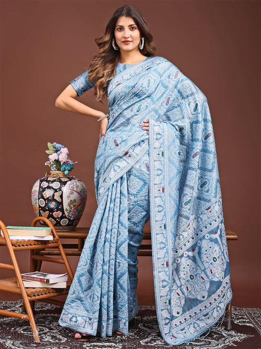 Sky Blue Linen Cotton Saree With Blouse Piece - EZBER