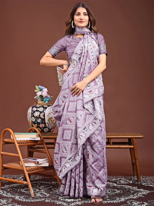 Purple Linen Cotton Saree With Blouse Piece - EZBER