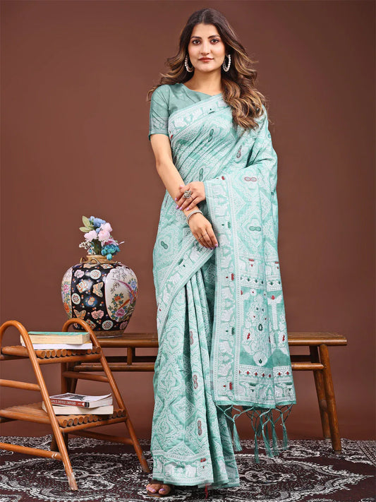 Sea Green Linen Cotton Saree With Blouse Piece - EZBER