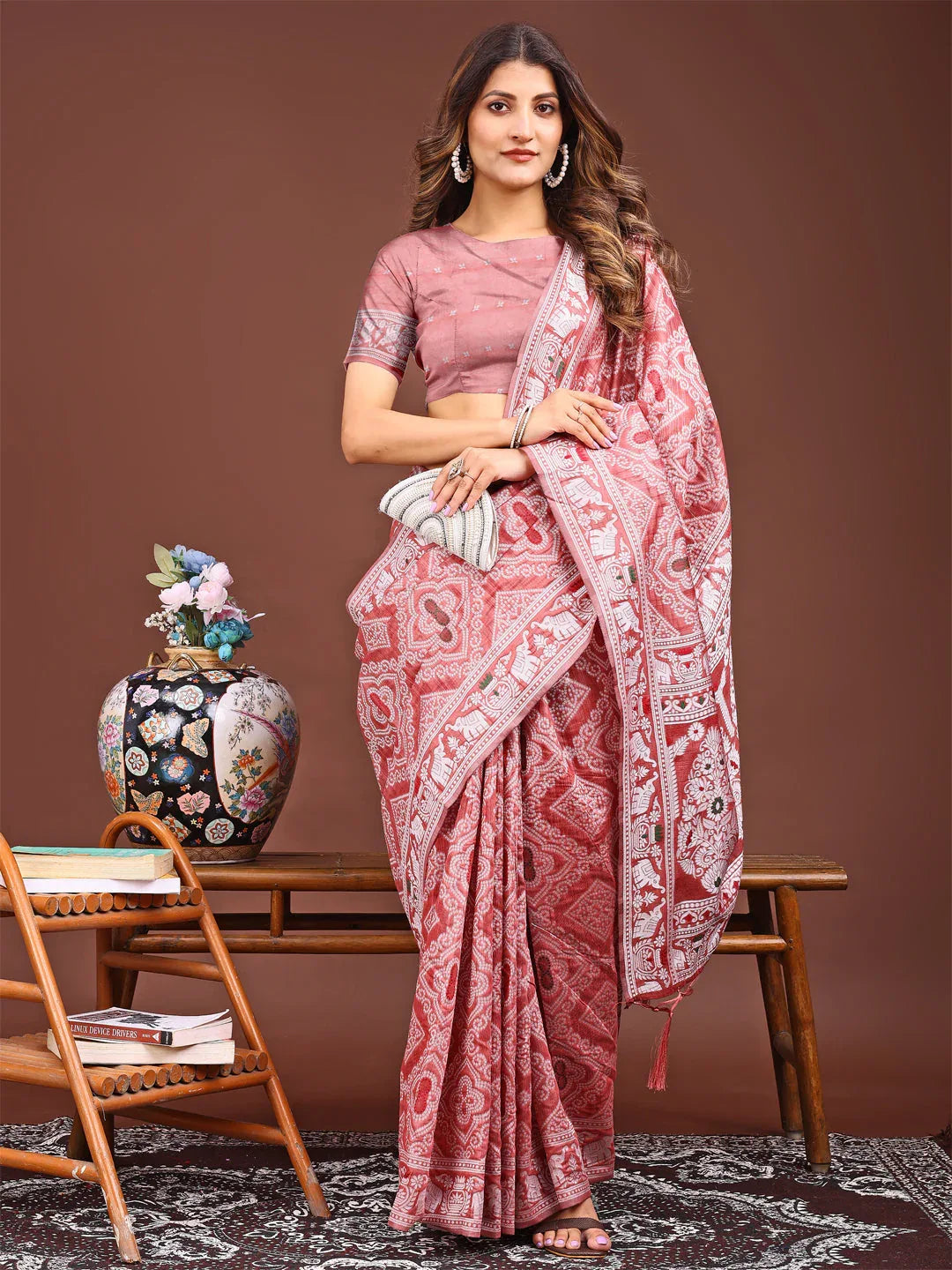 Peach Linen Cotton Saree With Blouse Piece - EZBER