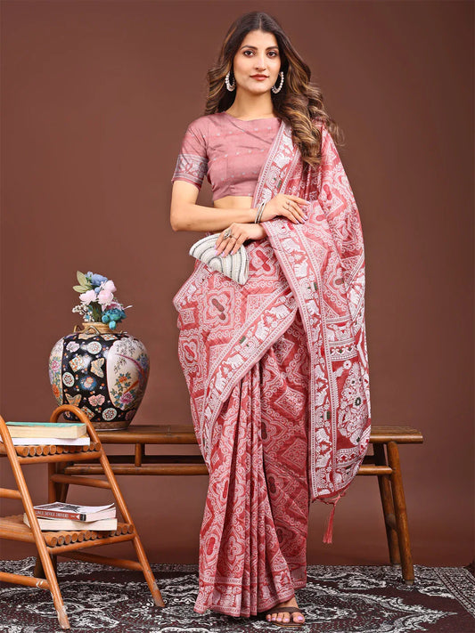 Peach Linen Cotton Saree With Blouse Piece - EZBER