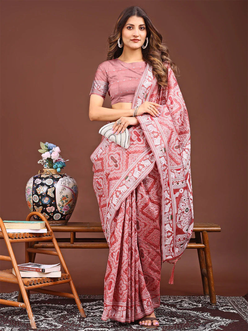 Peach Linen Cotton Saree With Blouse Piece - EZBER