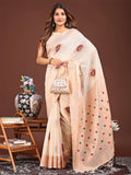 Cream Linen Cotton Saree With Blouse Piece - EZBER