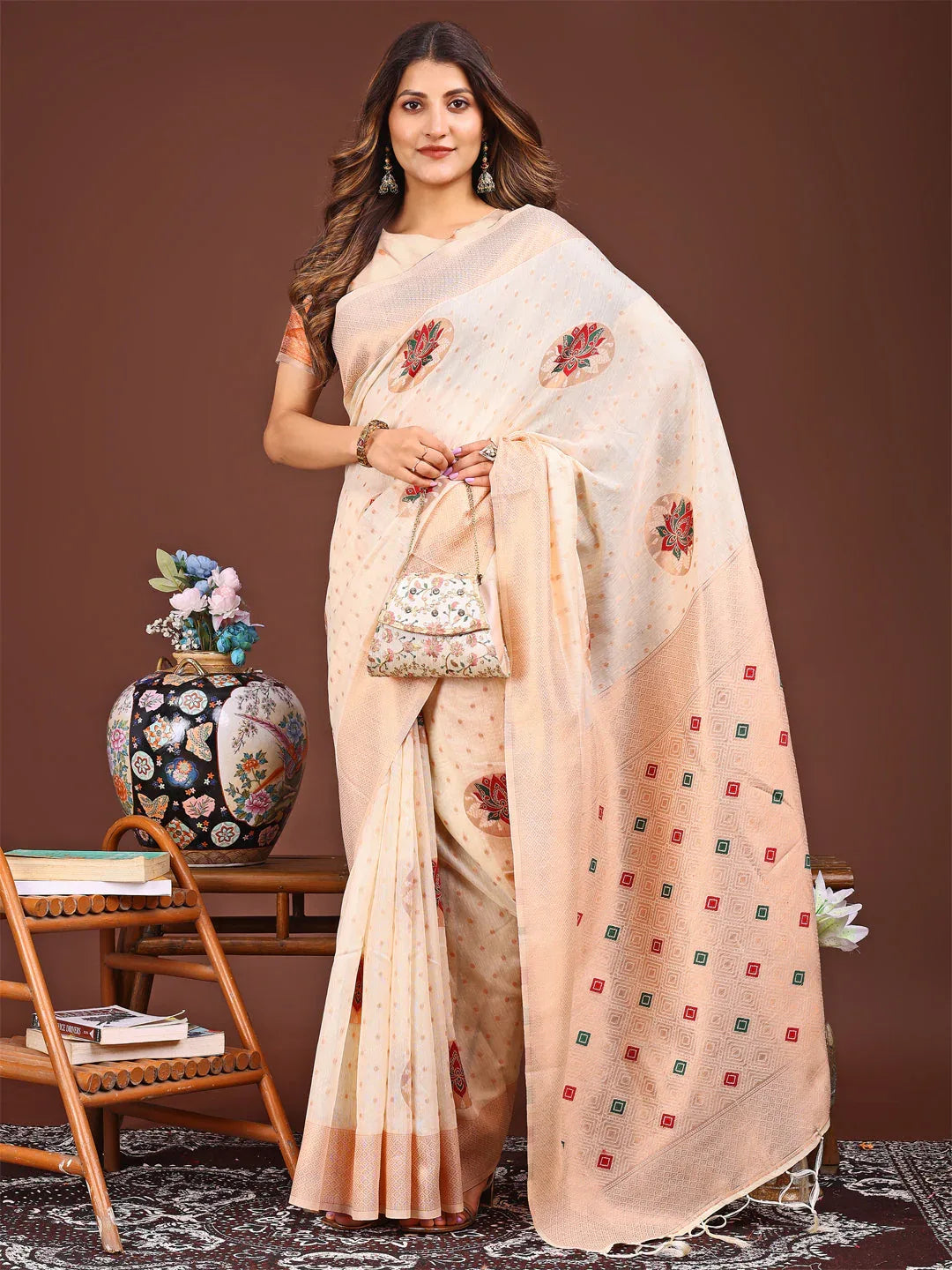 Cream Linen Cotton Saree With Blouse Piece - EZBER