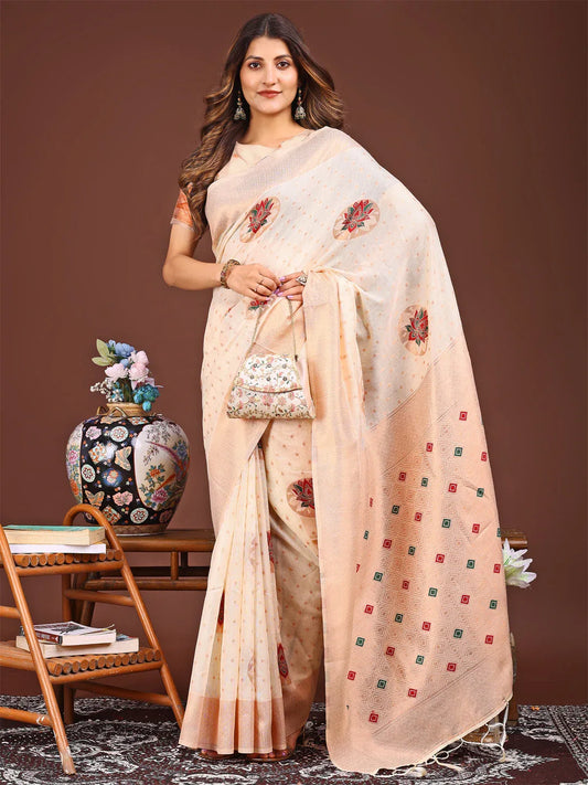 Cream Linen Cotton Saree With Blouse Piece - EZBER