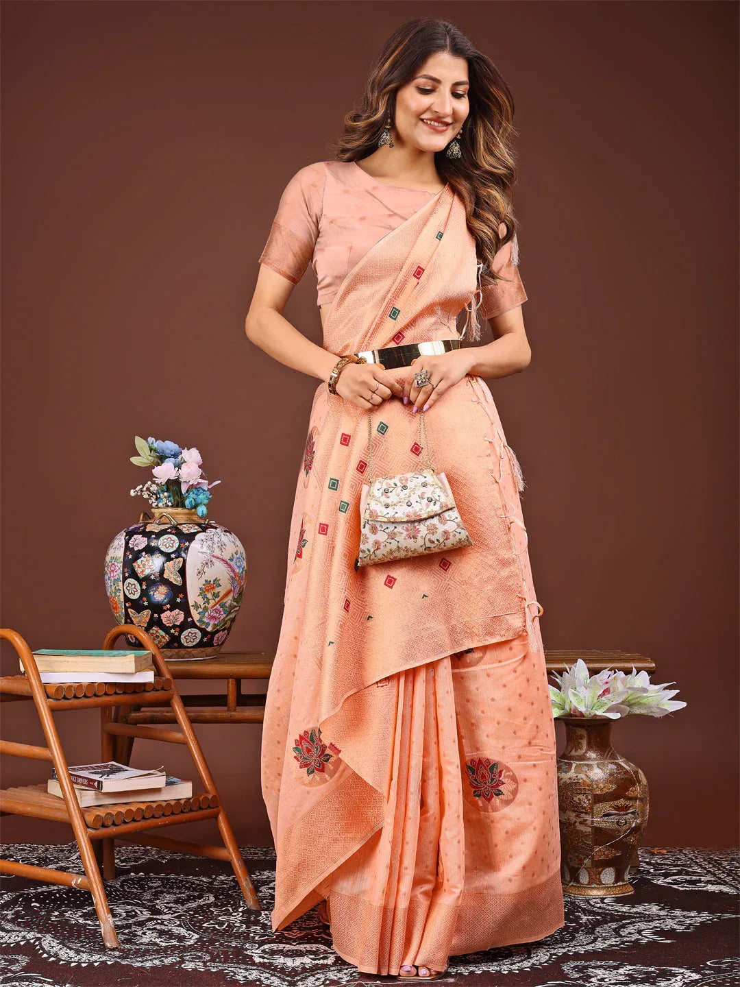 Peach Linen Cotton Saree With Blouse Piece - EZBER