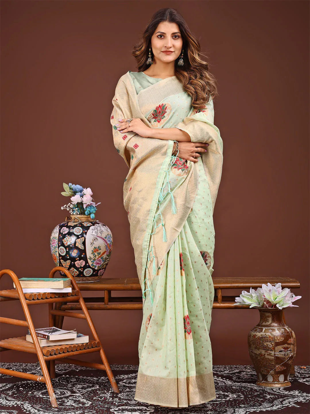 Light Green Linen Cotton Saree With Blouse Piece - EZBER