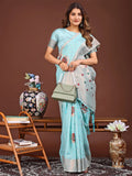 Sky Blue Linen Cotton Saree With Blouse Piece - EZBER