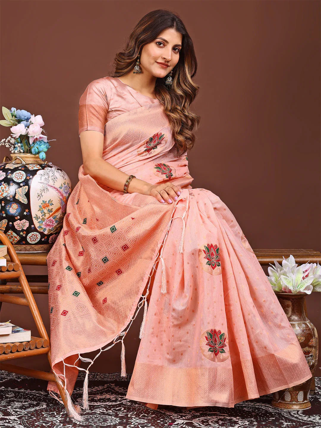 Pink Linen Cotton Saree With Blouse Piece - EZBER