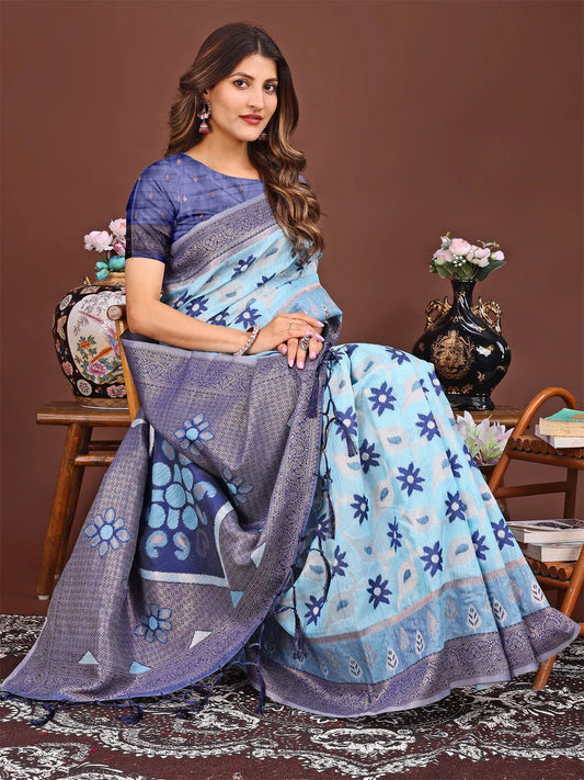 Sky Blue Linen Cotton Saree With Blouse Piece - EZBER