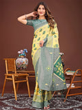 Yellow Linen Cotton Saree With Blouse Piece - EZBER