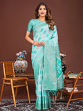 Sea Green Linen Cotton Saree With Blouse Piece - EZBER