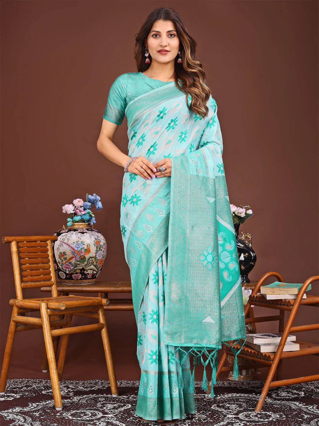 Sea Green Linen Cotton Saree With Blouse Piece - EZBER