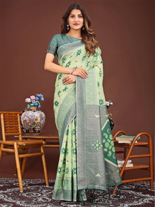 Light Green Linen Cotton Saree With Blouse Piece - EZBER