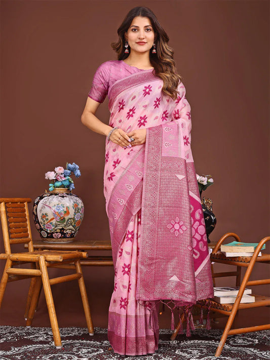 Pink Linen Cotton Saree With Blouse Piece - EZBER