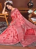 Peach Linen Cotton Saree With Blouse Piece - EZBER