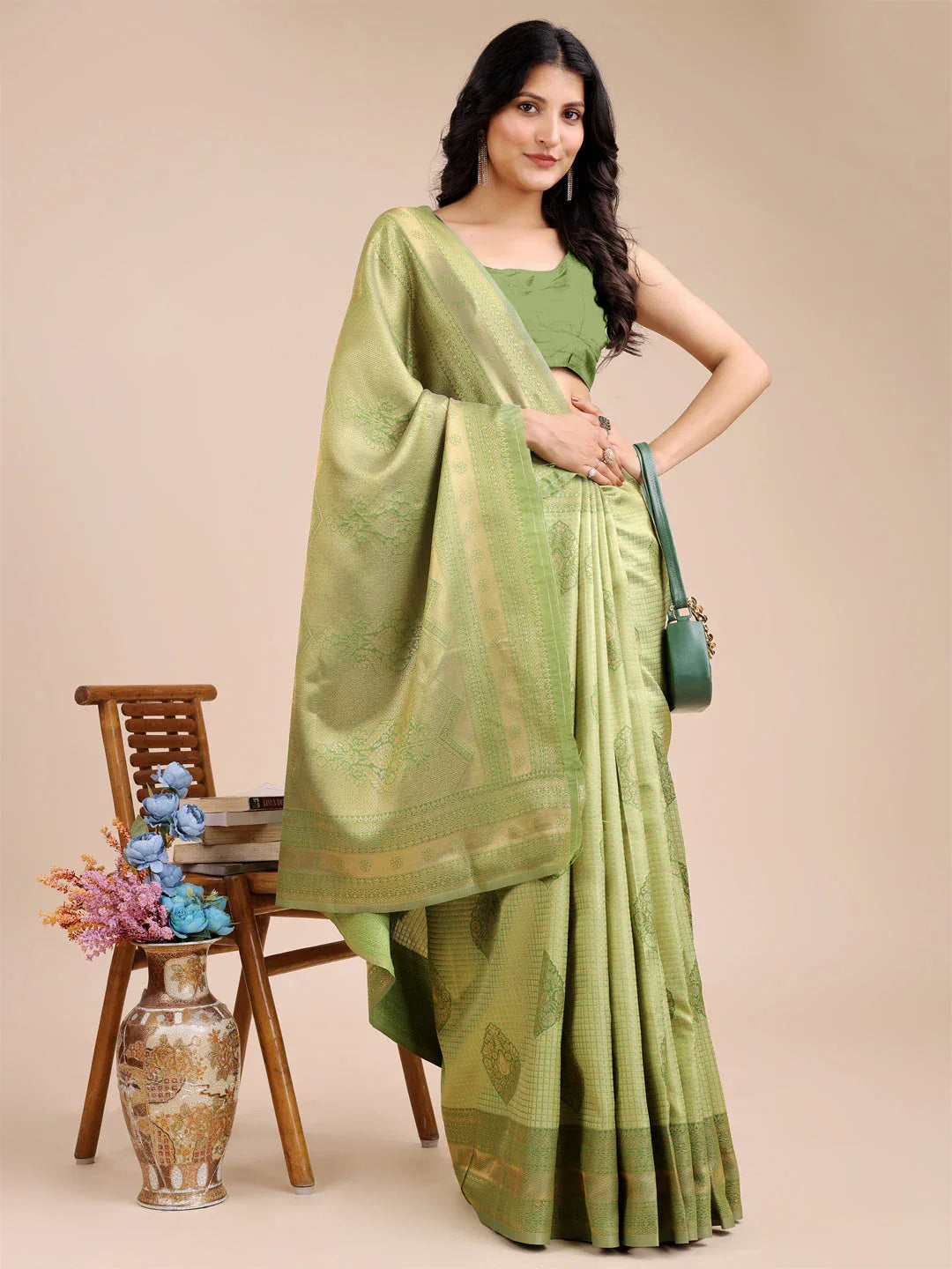 Light Green Banarasi Silk Saree With Blouse Piece - EZBER