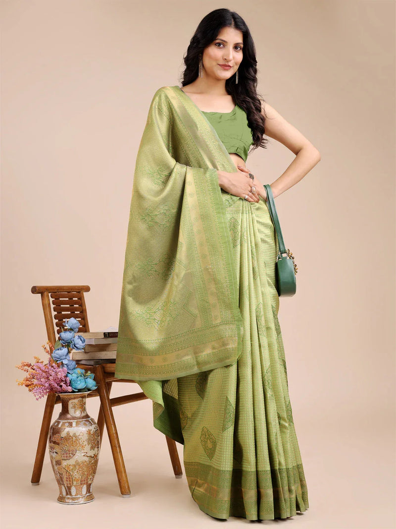 Light Green Banarasi Silk Saree With Blouse Piece - EZBER