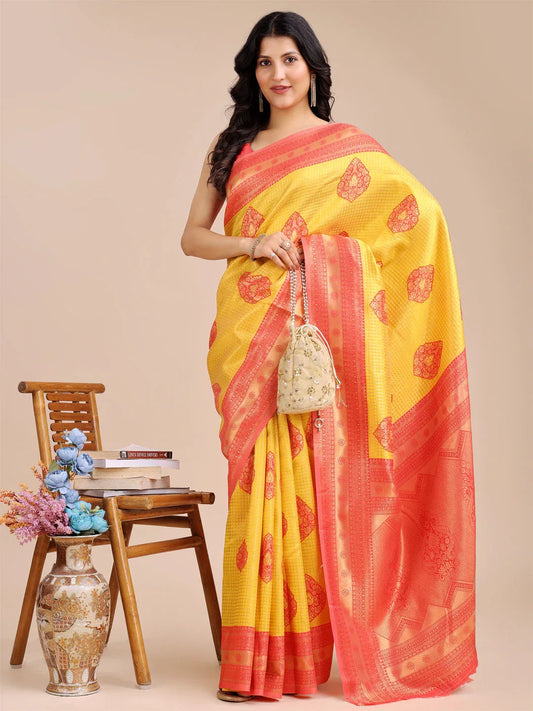 Yellow & Red Banarasi Silk Saree With Blouse Piece - EZBER