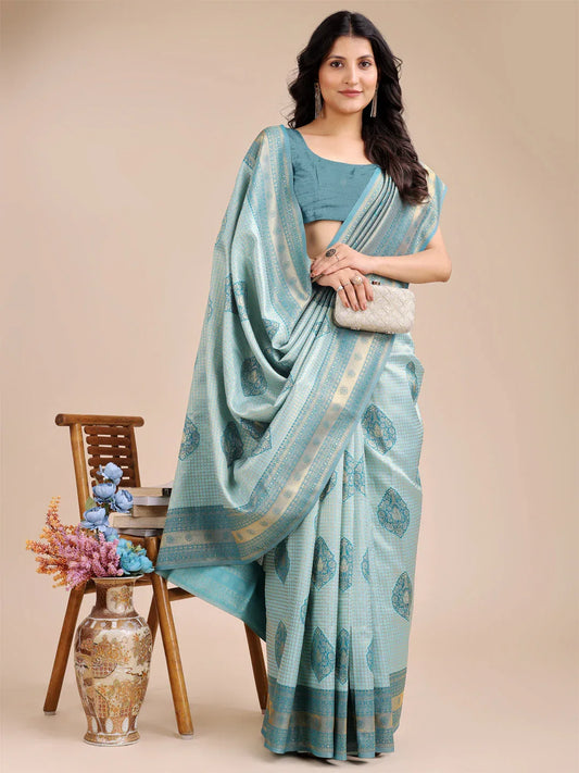 Sea Green Banarasi Silk Saree With Blouse Piece - EZBER
