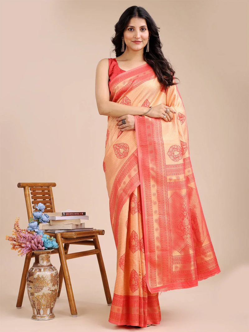 Orange & Red Banarasi Silk Saree With Blouse Piece - EZBER
