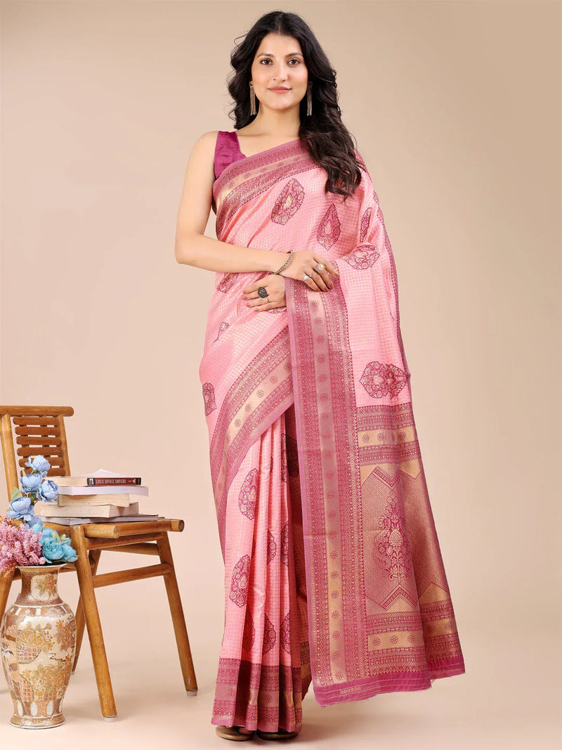 Light Pink & Magenta Banarasi Silk Saree With Blouse Piece - EZBER