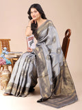 Grey Banarasi Silk Saree With Blouse Piece - EZBER