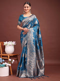 Banarasi Silk Teal Blue Brocade Saree With Blouse Piece